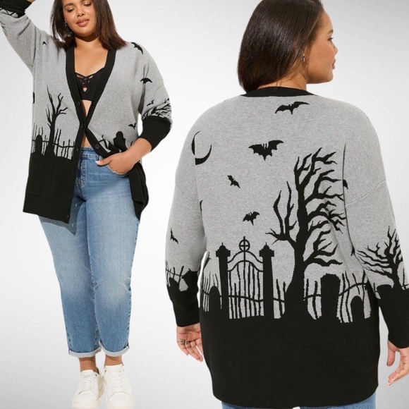 torrid Sweaters - TORRID Luxe Cozy Jacquard Boyfriend Halloween Graveyard Cardigan